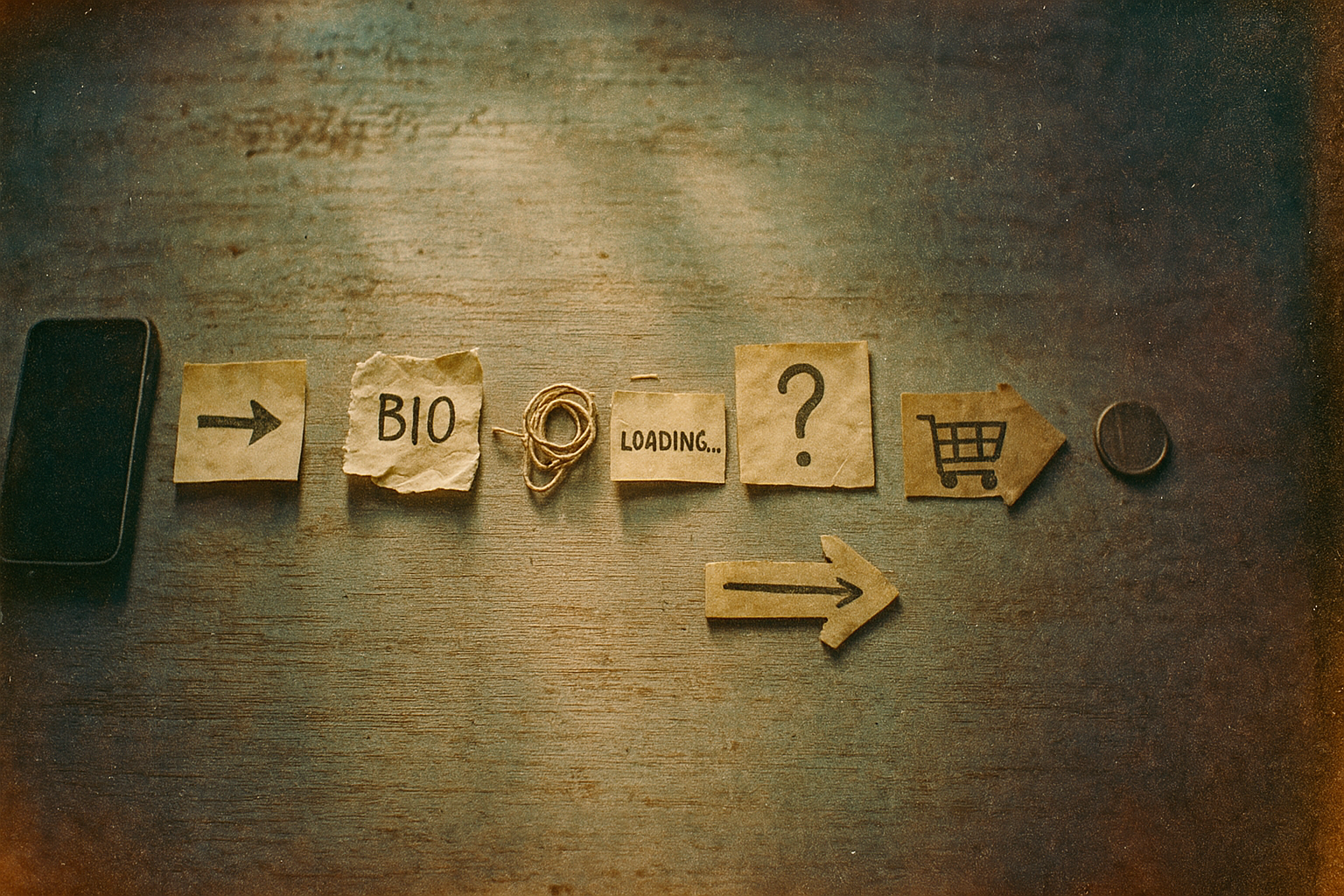 Vintage film photo showing nine objects in a path on wooden surface: smartphone, arrow, BIO note, tangled string, loading note, question mark, shopping cart, arrow, coin