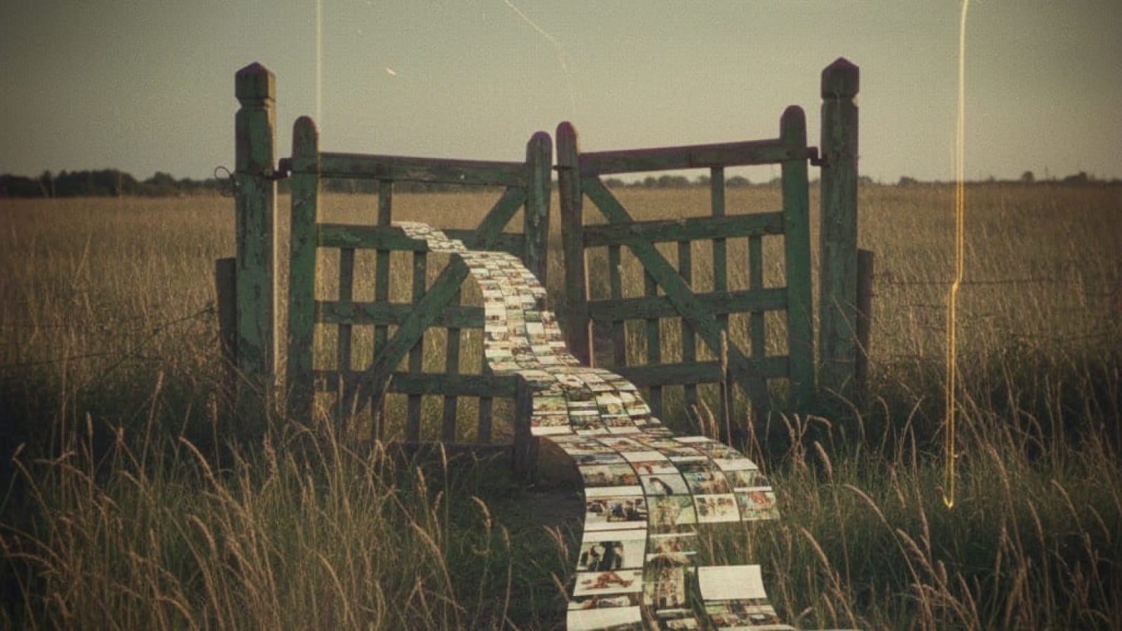 Open wooden gate in field with stream of social media posts flowing through as double exposure overlay, shot on vintage Holga film with warm sepia tones
