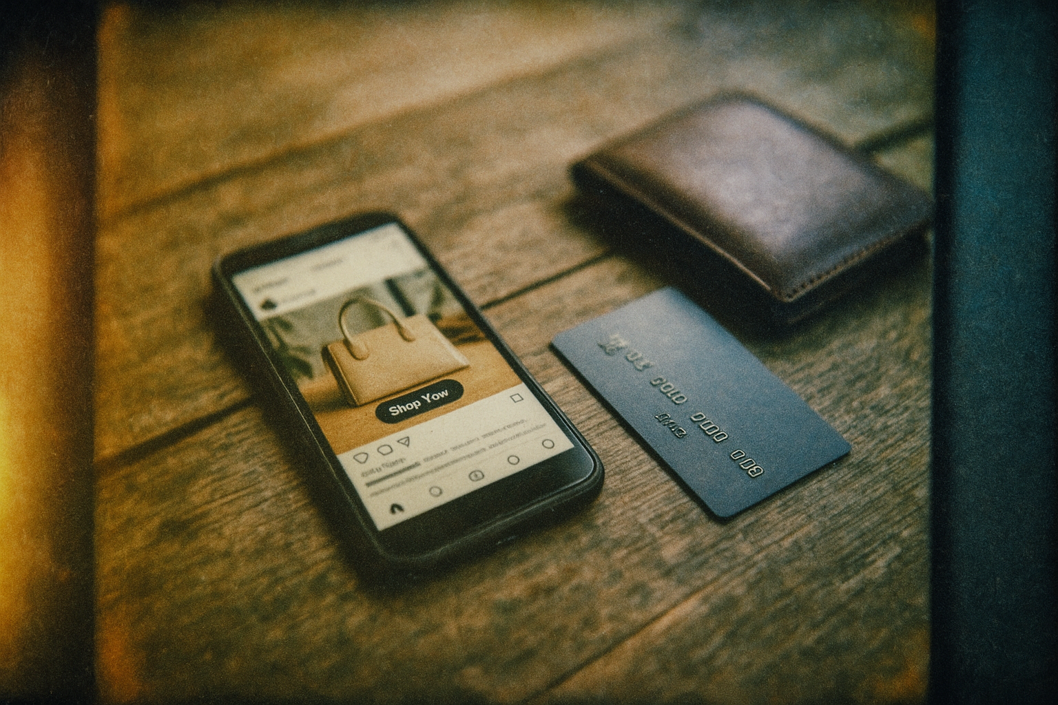 Vintage film photo of smartphone displaying Shop Now button on product image, credit card positioned between closed wallet and phone on wooden table, showing shortened purchase path