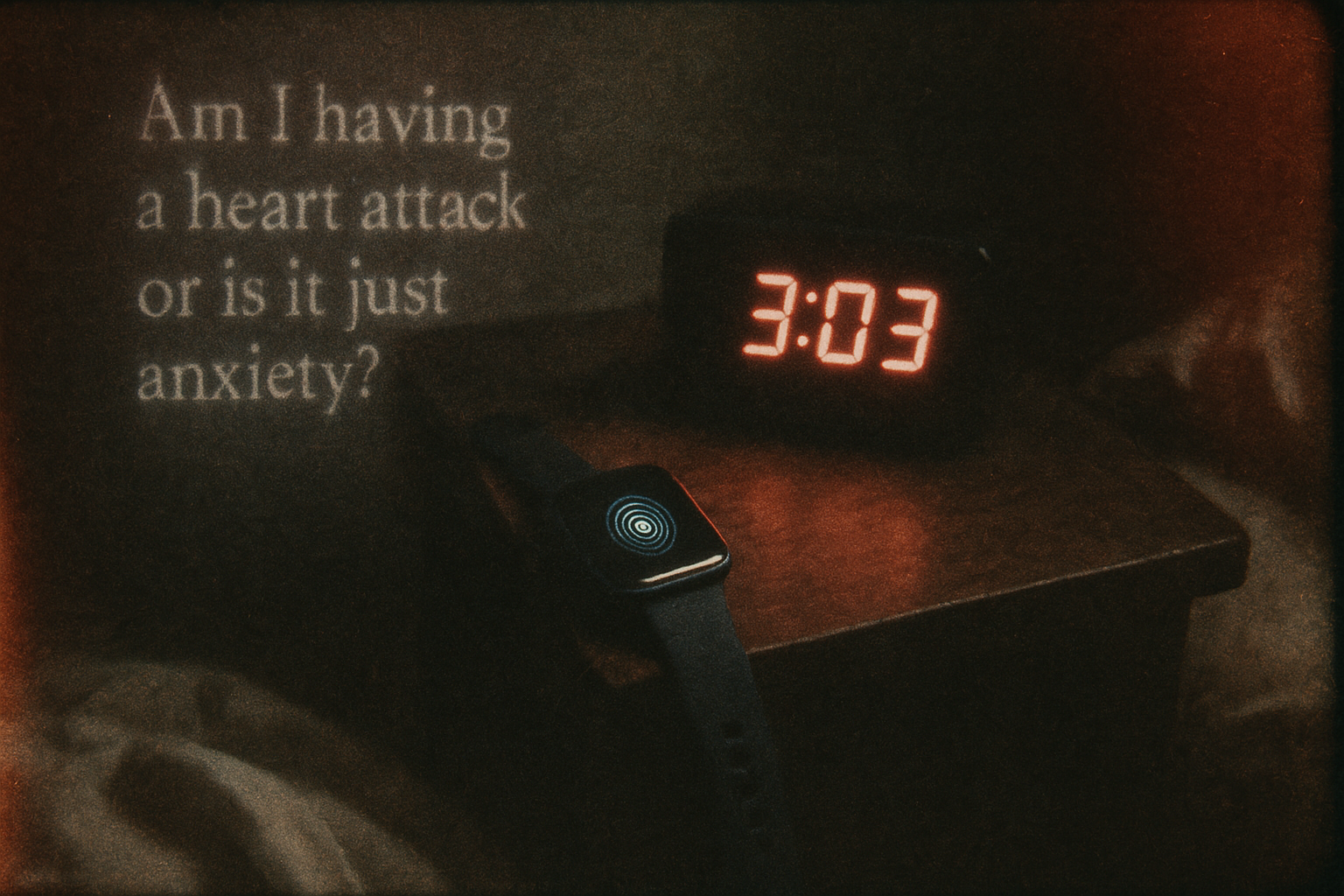 Vintage film photograph of a phone with voice assistant active on a bedside table at 3:03 AM, with ghostly text reading "Am I having a heart attack or is it just anxiety?"