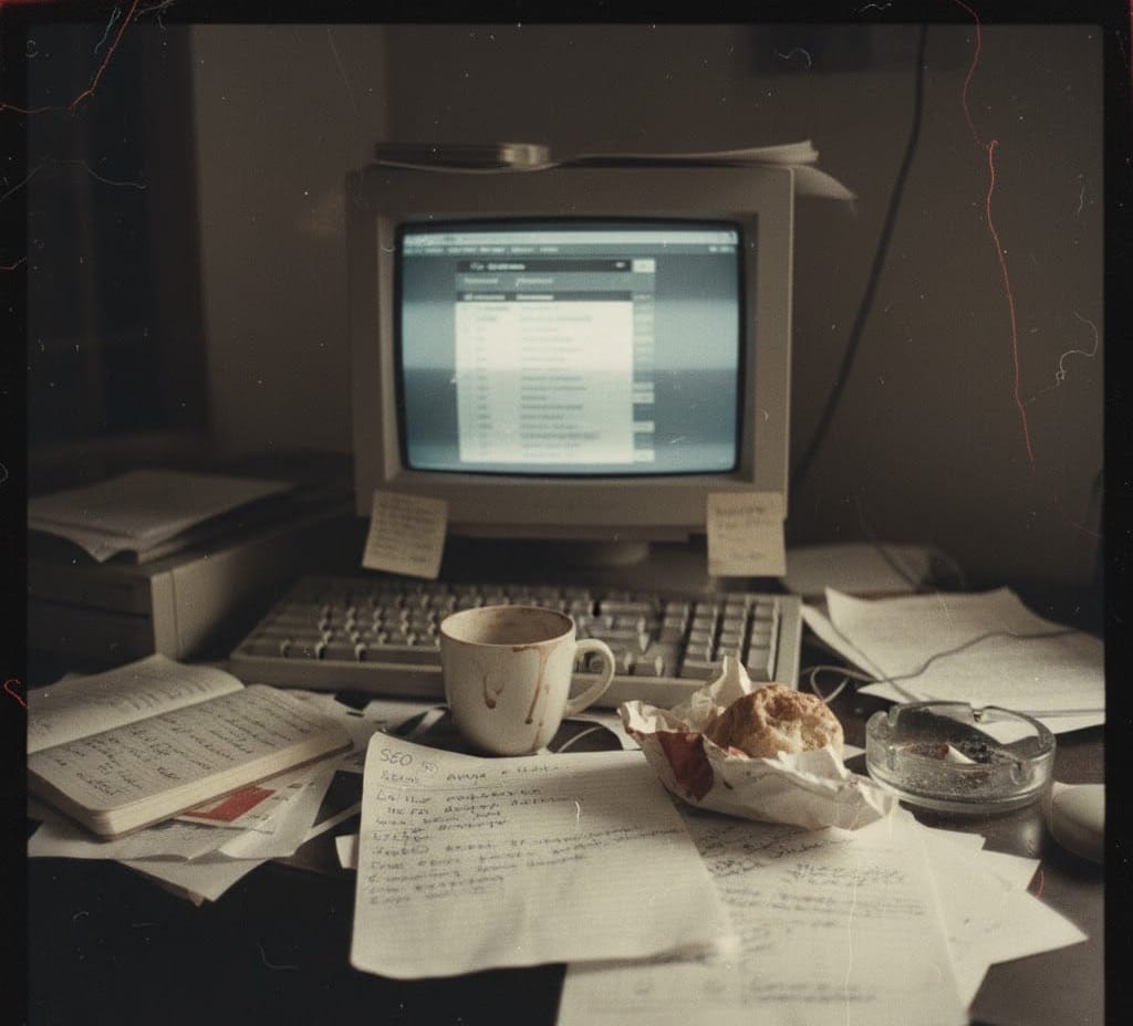 A vintage computer desk very messy with an old CRT monitor and ash tray and half eaten donut with messy notes about SEO.