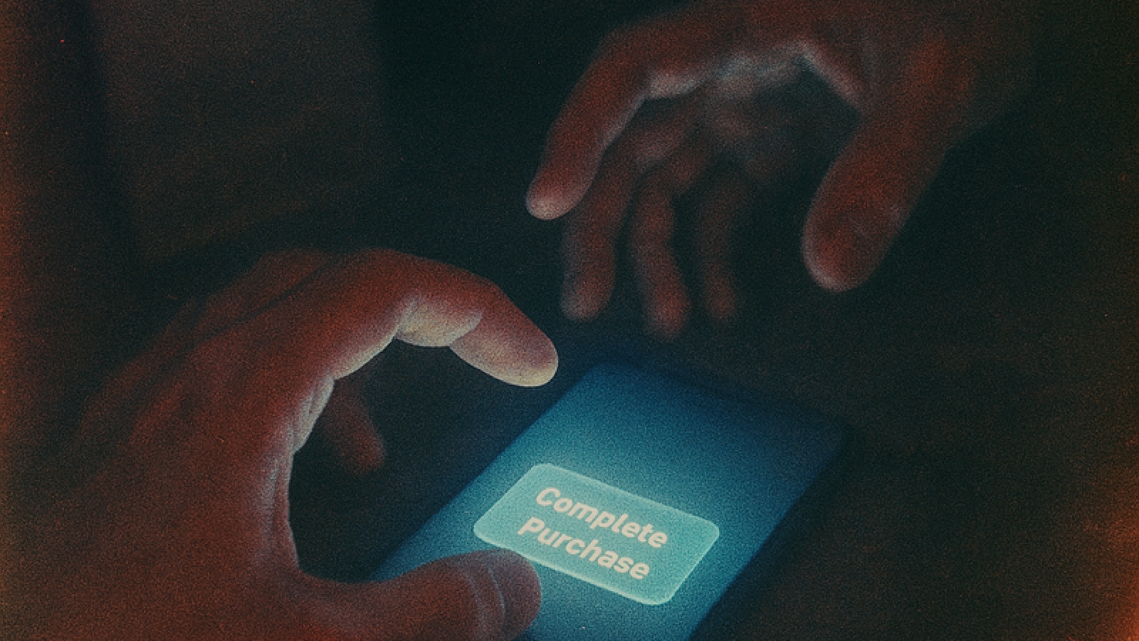 Hands hovering over glowing Complete Purchase button on phone screen in darkness, one finger extended but hesitant, heavy film grain and warm light leaks, capturing moment of uncertainty