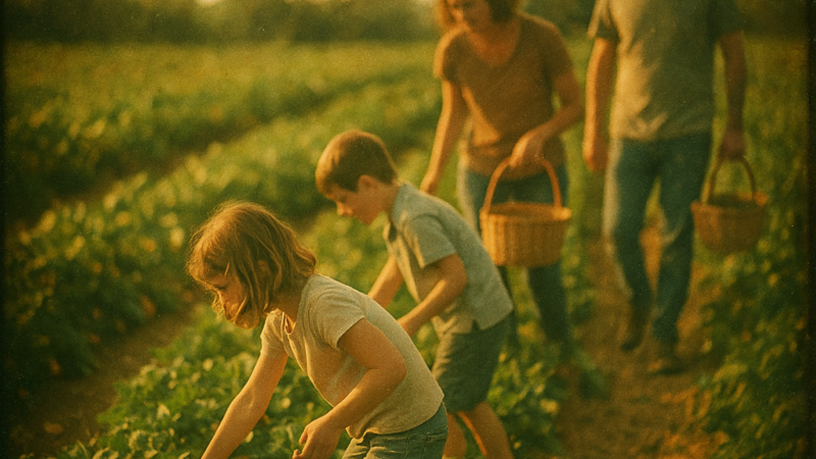 Vintage film photograph of a family walking through crop rows at a u-pick farm in golden afternoon light, children reaching toward plants while parents follow with baskets, soft focus