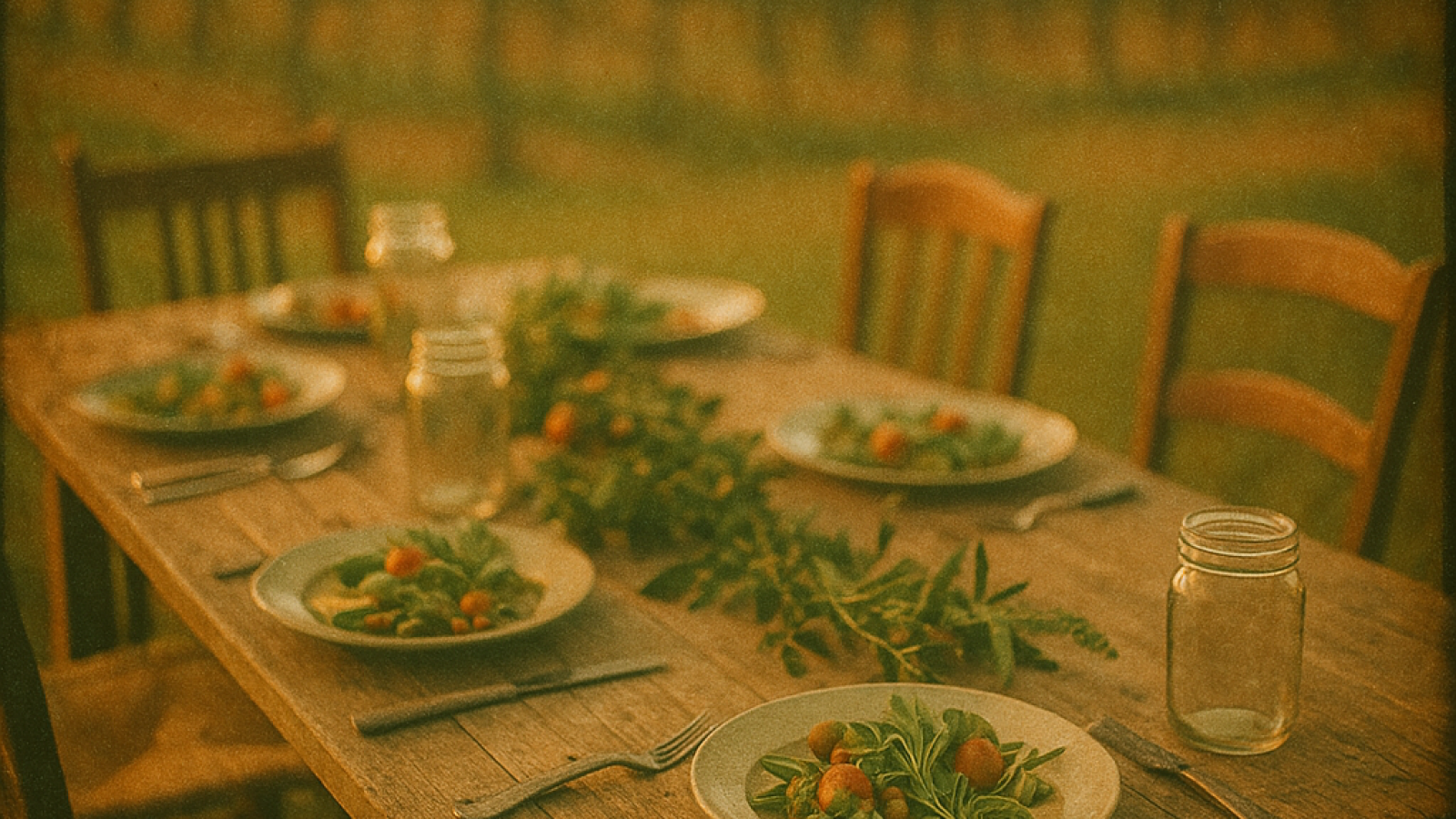 Vintage film photograph of a rustic farm table set outdoors with fresh salads and herbs on mismatched plates, mason jar glasses, empty chairs overlooking golden fields in soft afternoon light