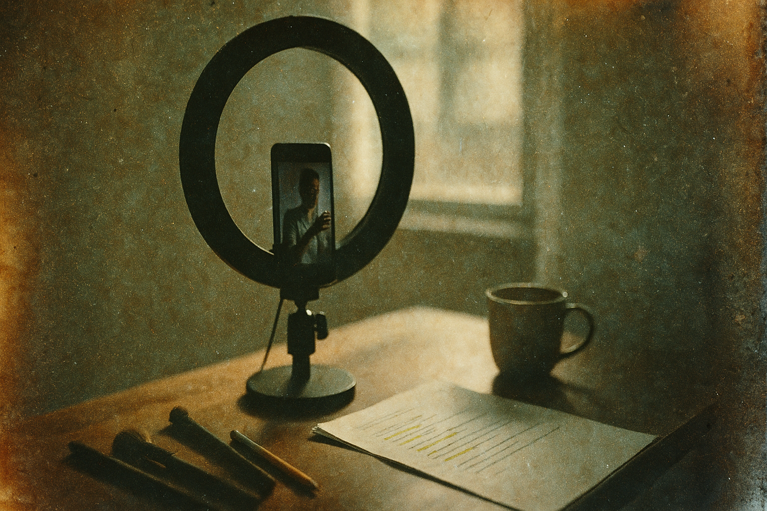 Vintage film photo of ring light on desk with smartphone propped inside, next to coffee mug and script with highlighted lines, capturing the behind-the-scenes of content creation