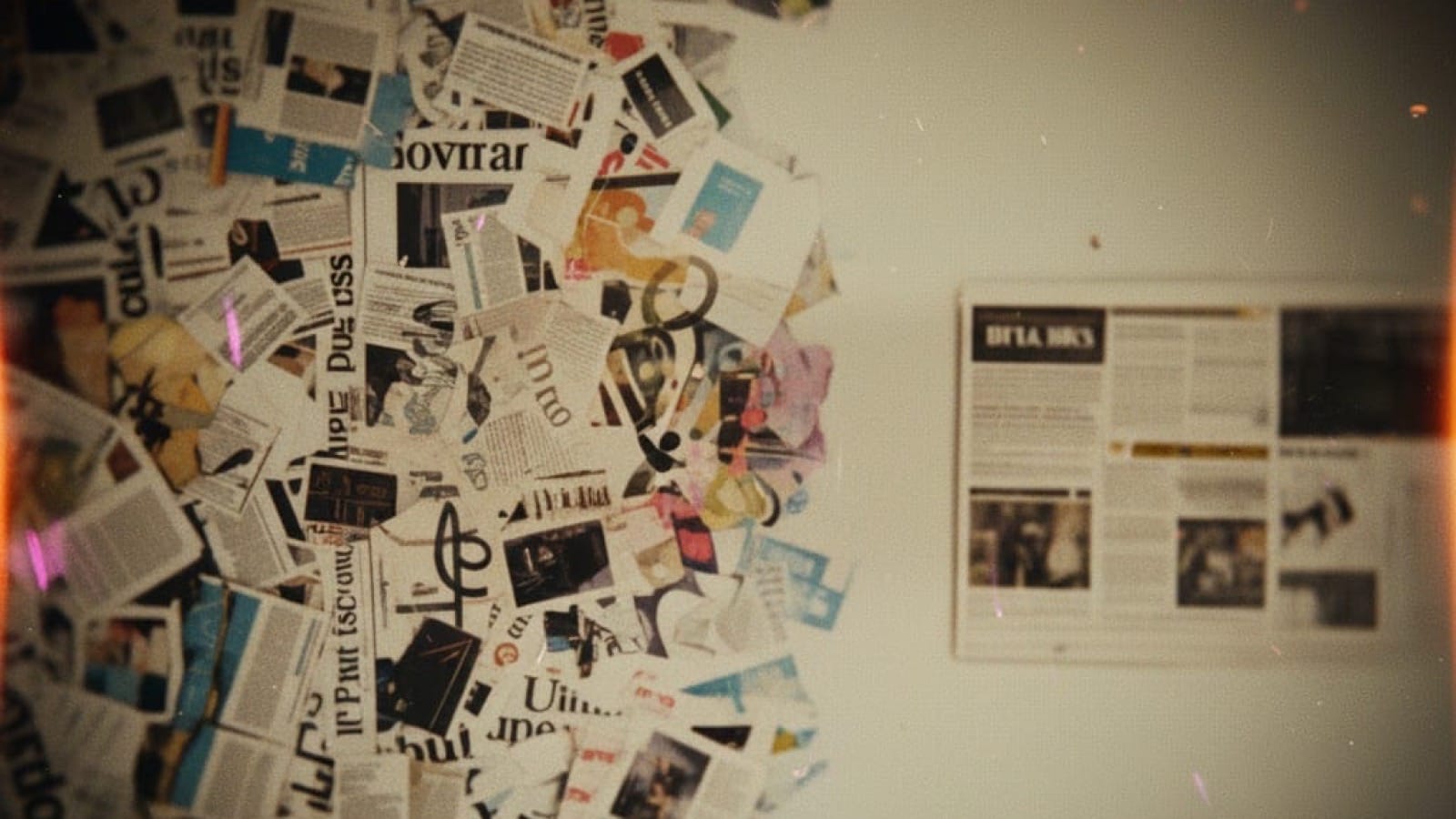 Vintage film photograph showing scattered newspaper clippings and text fragments transitioning from chaotic information overload to organized clarity