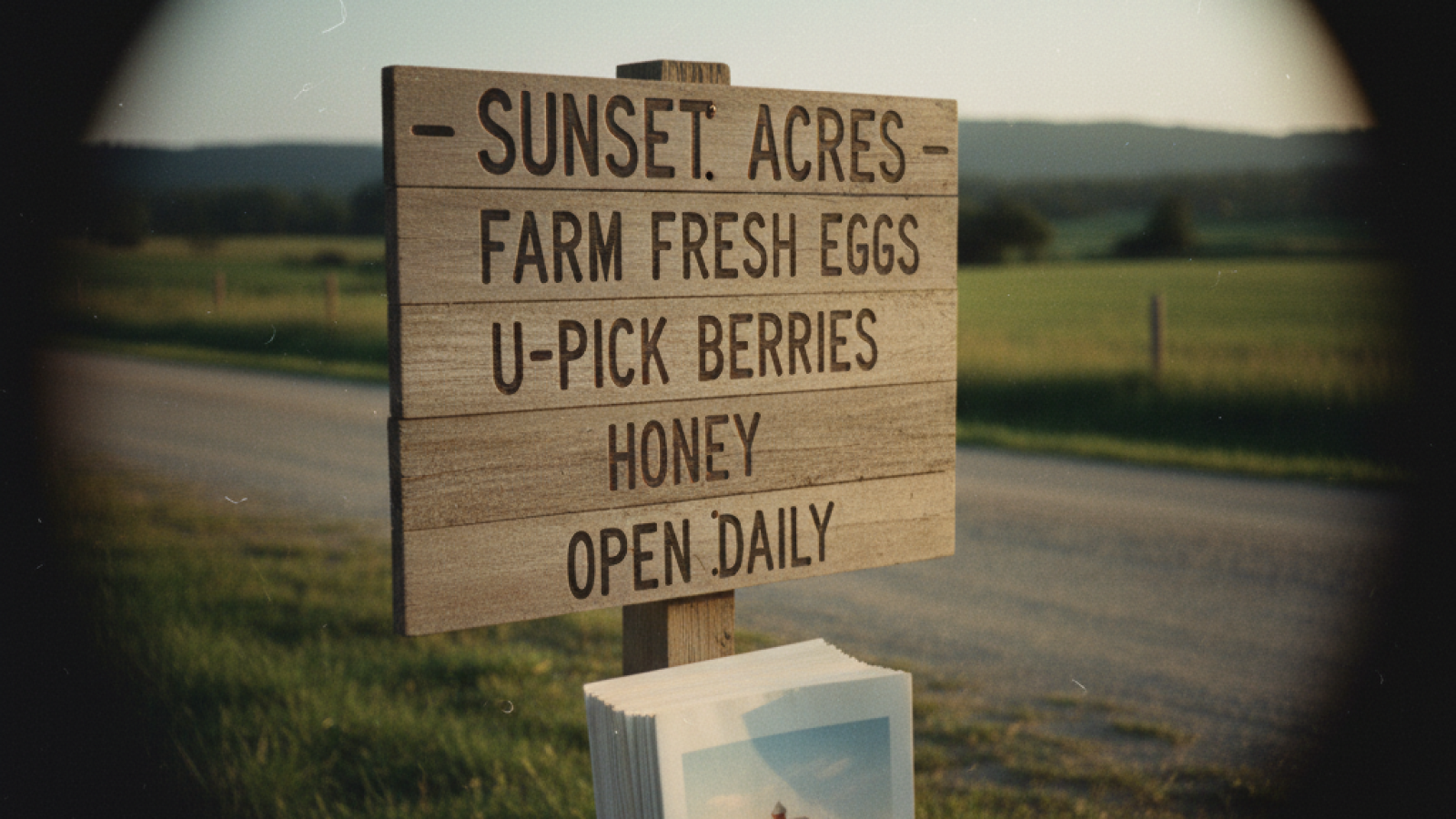 Wooden farm sign for Sunset Acres beside a rural road, listing eggs, berries, honey and daily hours, with postcards showing a red barn.