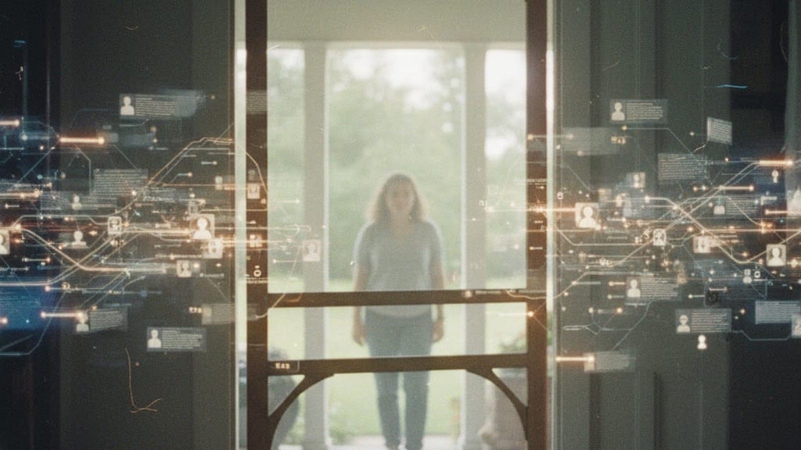 Worn screen door, slightly ajar, seen from inside. Someone is barely visible outside. Ghostly, translucent ribbons of data streams and user profiles flow around the doorframe but don't cross the threshold. Heavy film grain and sepia tones.