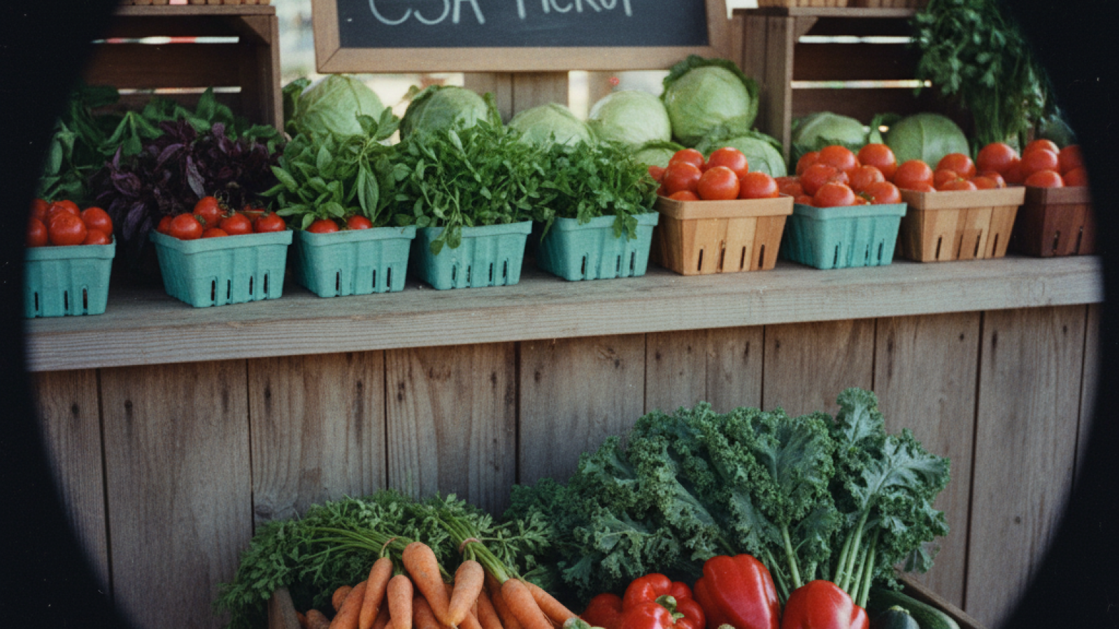 Farm stand display with tomatoes, greens, lettuce and carrots, set beneath a chalkboard reading local organic produce and CSA pickup.