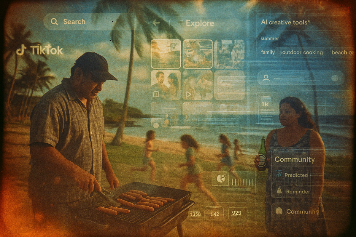 Hawaiian beach BBQ with digital social media interface overlay, vintage film double exposure effect