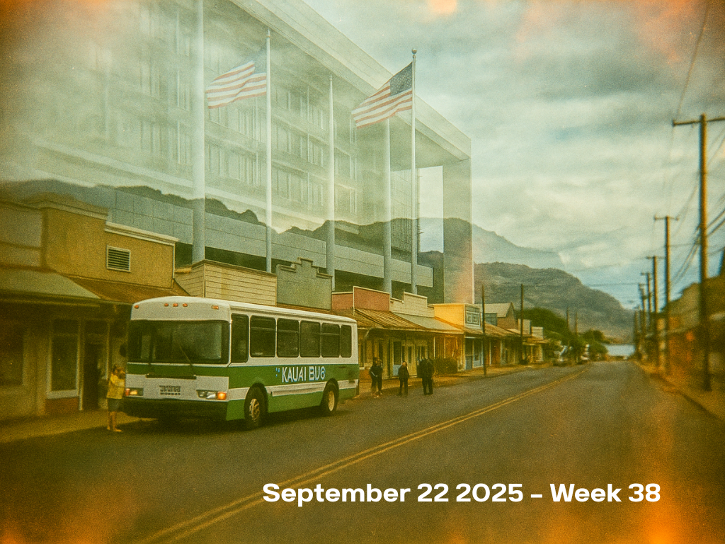 Vintage film photograph of Kauai Bus stopped in small town with double-exposed federal government building overlay