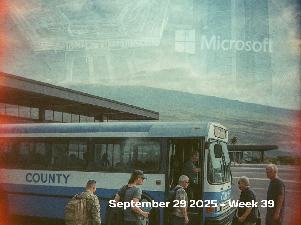 Hawaii County bus at airport with Microsoft corporate overlay in vintage film style