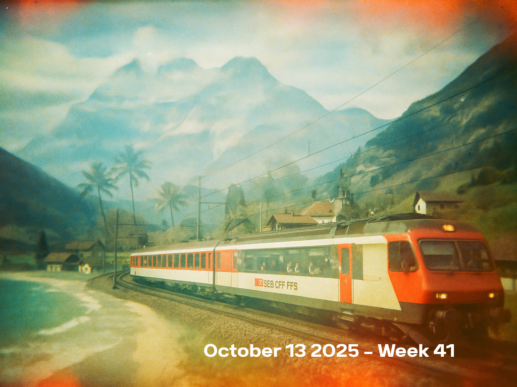 Vintage Holga film photo of Swiss Federal Railway train with red-white livery through Alpine valley, double exposed with ghostly palm trees from Waimanalo Beach, heavy grain and light leaks