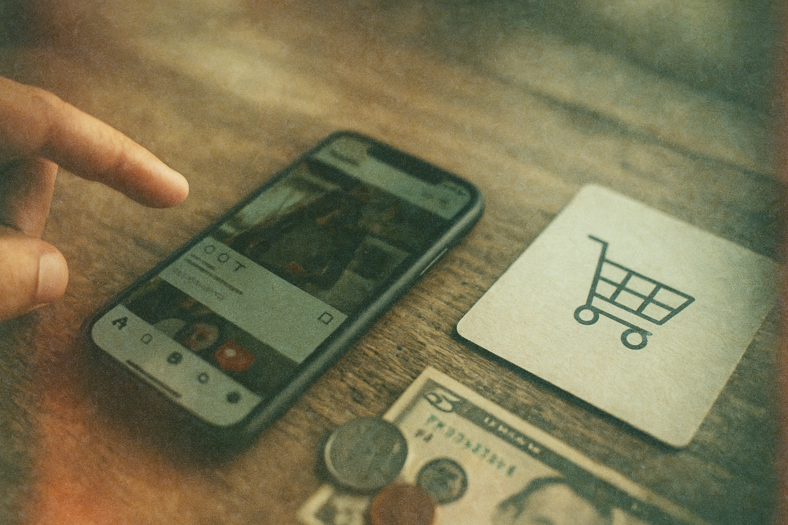 Vintage film photo of hand holding smartphone showing social media post, with shopping cart icon card and dollar bills on wooden table, illustrating gap between browsing and buying