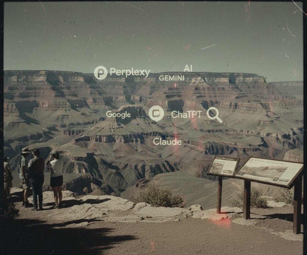 An image of the grand canyon with AI service logos in the middle and people on one side symbolizing the access to data via LLM middlemen.