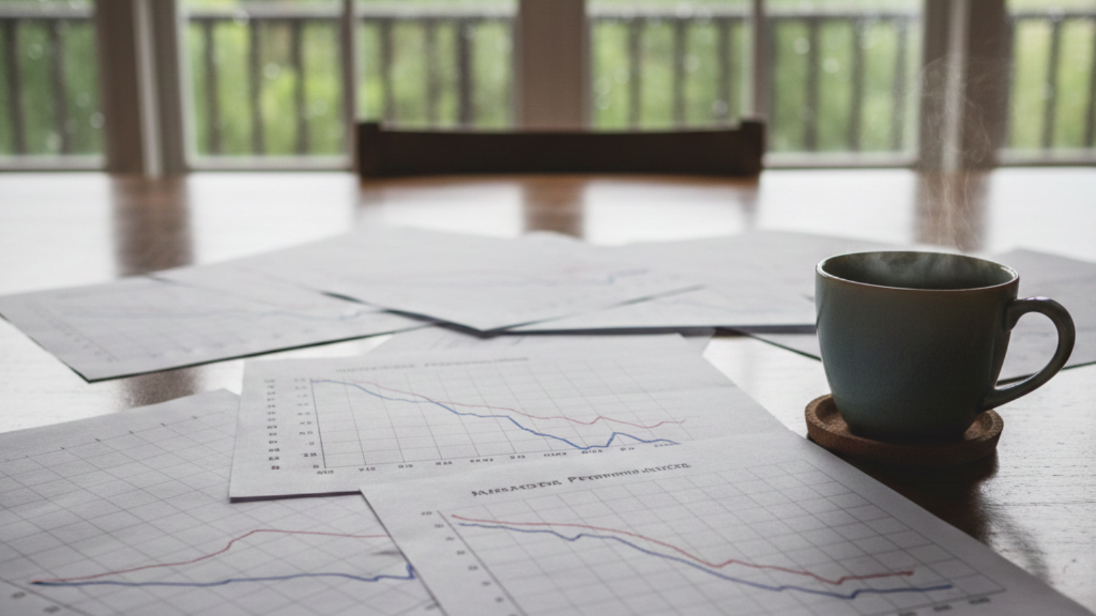 Desk in natural, overcast Hawaiian light. Scattered papers show declining performance graphs. A steaming coffee cup sits nearby, with rain visible through a large window. 