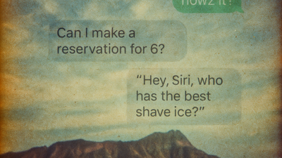 Text messages and voice search overlaid on Diamond Head crater showing how conversational commerce happens in Hawaii 