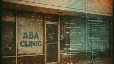 Vintage film photo of ABA clinic storefront with digital interface overlay showing waitlists and scheduling systems