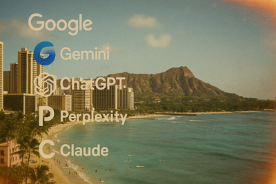 Vintage Holga-style photo of Waikīkī Beach and Diamond Head with overlaid logos of Google, Gemini, ChatGPT, Perplexity, and Claude.