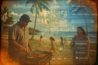 Hawaiian beach BBQ with digital social media interface overlay, vintage film double exposure effect