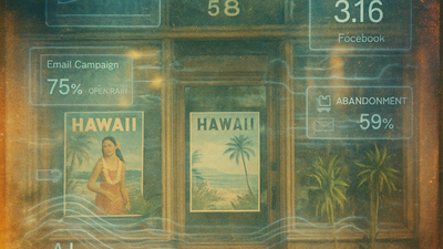 Vintage film photograph of Hawaii tourism posters with digital marketing metrics overlaid as ghostly double exposure