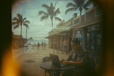 Hawai‘i street scene with AI chat and personalization overlays.