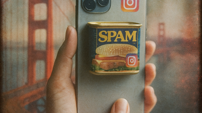 Vintage film photograph of hand holding iPhone with SPAM can on back, Instagram logos visible, Golden Gate Bridge double exposed in backgroun