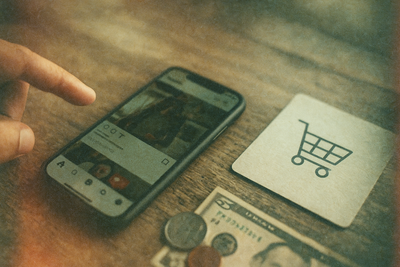 Vintage film photo of hand holding smartphone showing social media post, with shopping cart icon card and dollar bills on wooden table, illustrating gap between browsing and buying