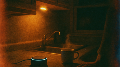 Vintage film photograph of a smart speaker glowing on a dark kitchen counter at night, with a hand and mug barely visible in warm ambient light