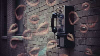 Vintage film photo: pay phone on brick wall with ghostly double-exposed mouths floating around it, suggesting shift from private calls to public conversation