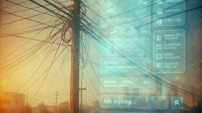 Vintage film photo of utility pole with tangled cables, double exposed with translucent search interfaces and answer engines floating through like digital ghosts over physical infrastructure