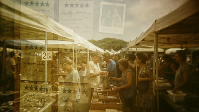 Vintage Holga photo of Aloha Stadium swap meet with double exposure overlay of faded customer testimonials, polaroids, and star ratings ghosting through vendor stalls and shoppers.