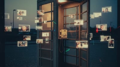 Vintage phone booth at dusk with floating screens and mobile devices as ghostly double exposure, shot on expired Holga film with blue and amber tones