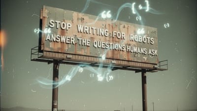 Alt text (188 characters): Weathered desert billboard reading "STOP WRITING FOR ROBOTS / ANSWER THE QUESTIONS HUMANS ASK" with ghostly citation brackets floating across it. 