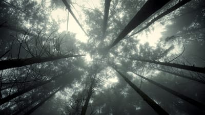 Forest canopy viewed from ground showing layered tree structure with clear hierarchical boundaries and interconnected branches